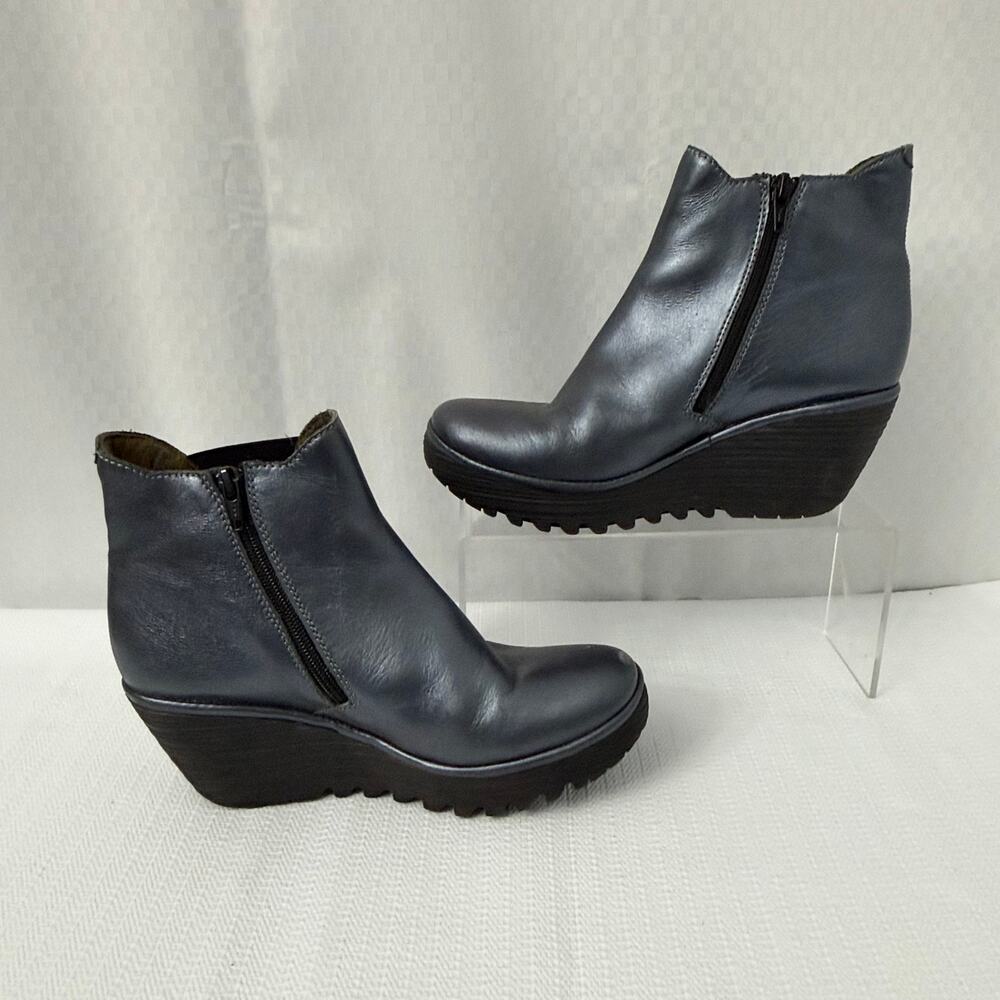 Fly London Yoss Boots Womens Size 8 Navy Blue Metallic Leather Wedge Booties 38 - Picture 11 of 12